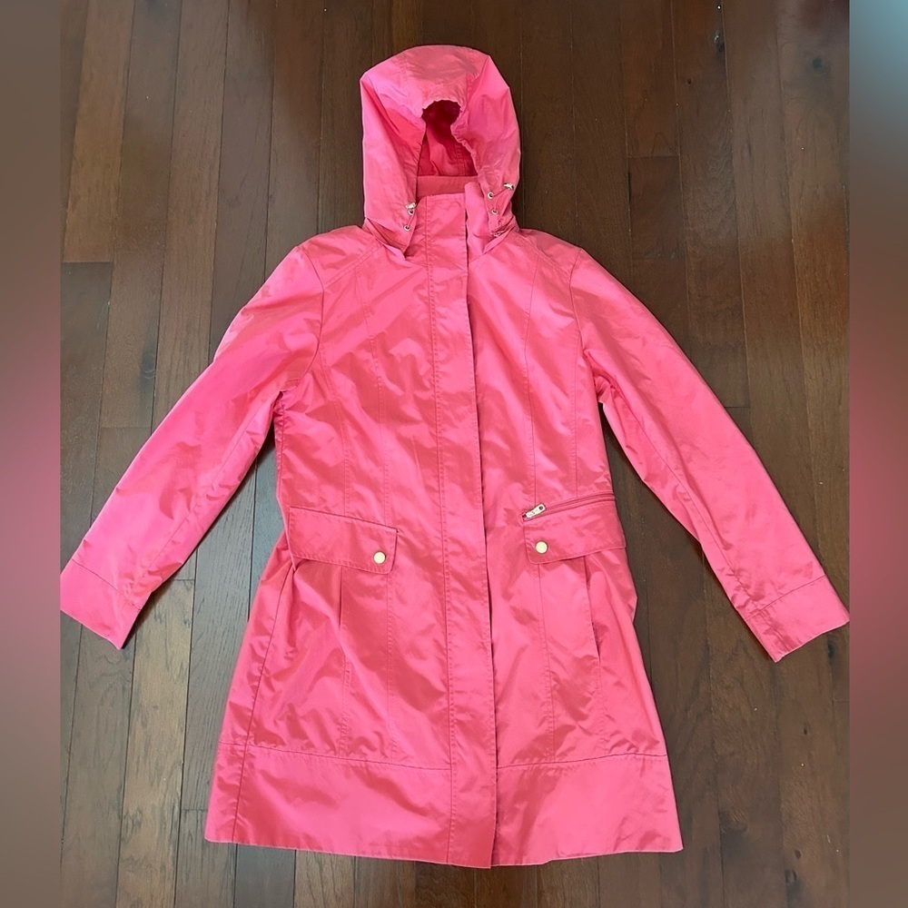 Cole Haan Packable Hooded Water-Resistant Raincoat coral size M retail $359 - Picture 9 of 15